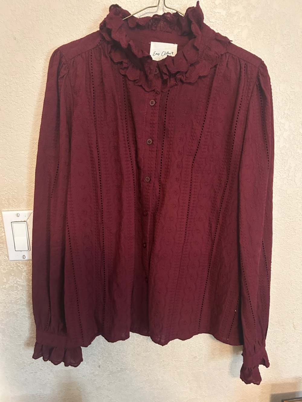 Eve Claire Burgundy Ruffled Eyelet Button-Front Blouse